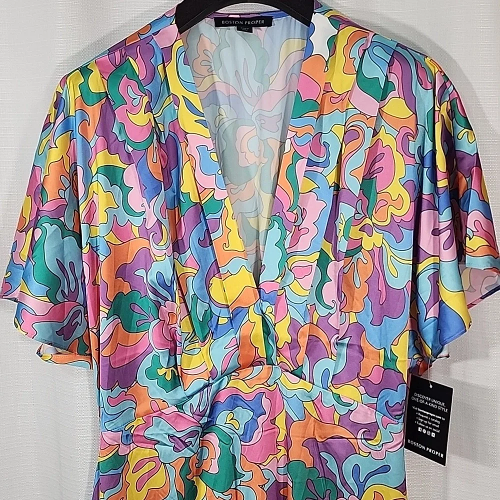 Boston Proper Abstract Sol Print V Neck Colorful Floral Maxi Dress. M - Picture 8 of 14